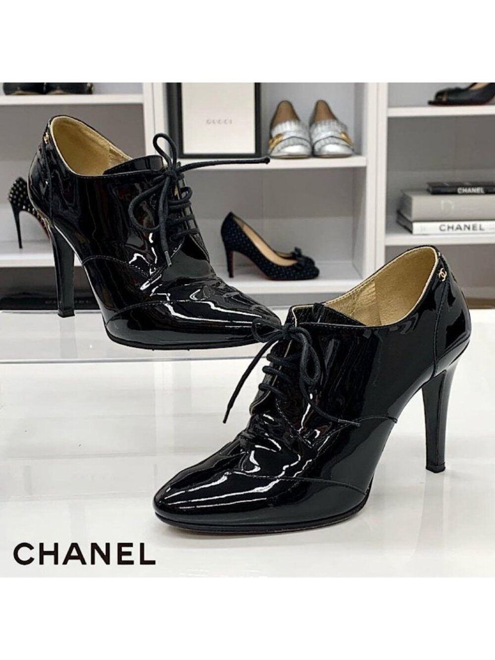 Chanel Patent CC Logo Lace-up Booties Black Boot